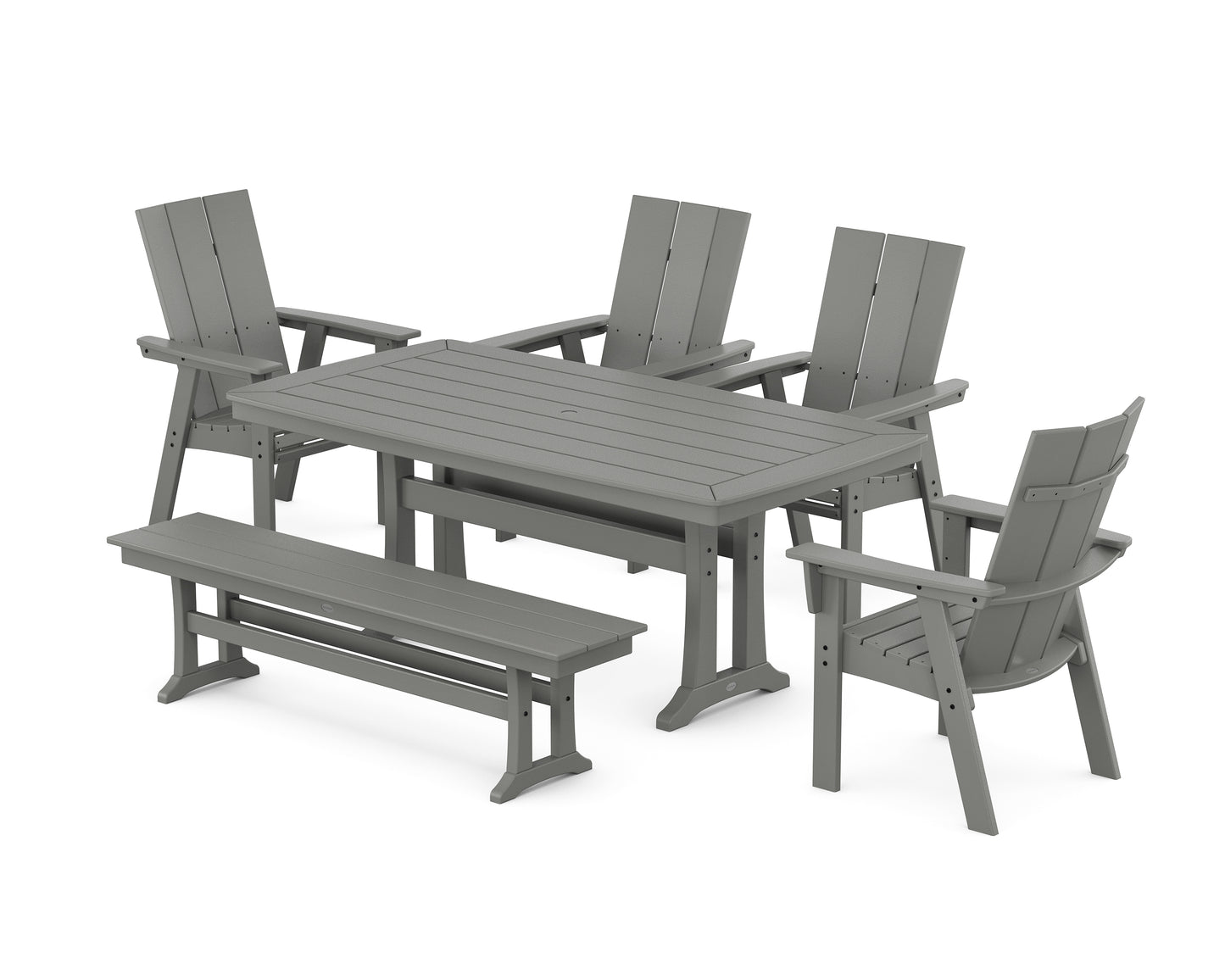 Modern Curveback Adirondack 6-Piece Farmhouse Dining Set with Trestle Legs and Bench