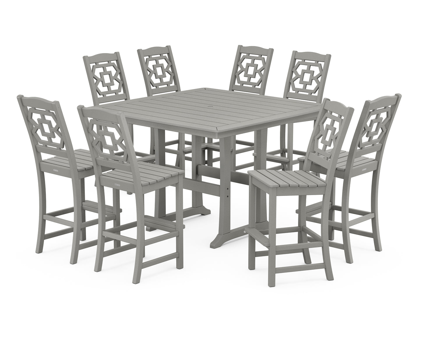 Chinoiserie 9-Piece Square Side Chair Bar Set with Trestle Legs