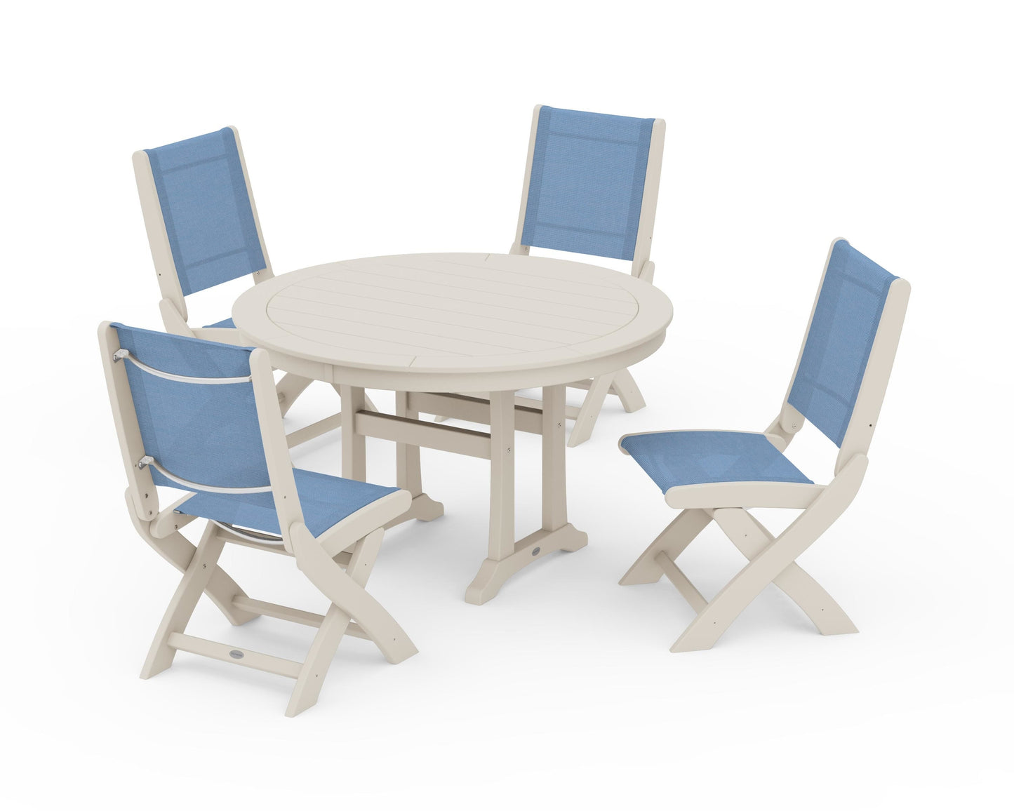 Coastal Folding Side Chair 5-Piece Round Dining Set With Trestle Legs