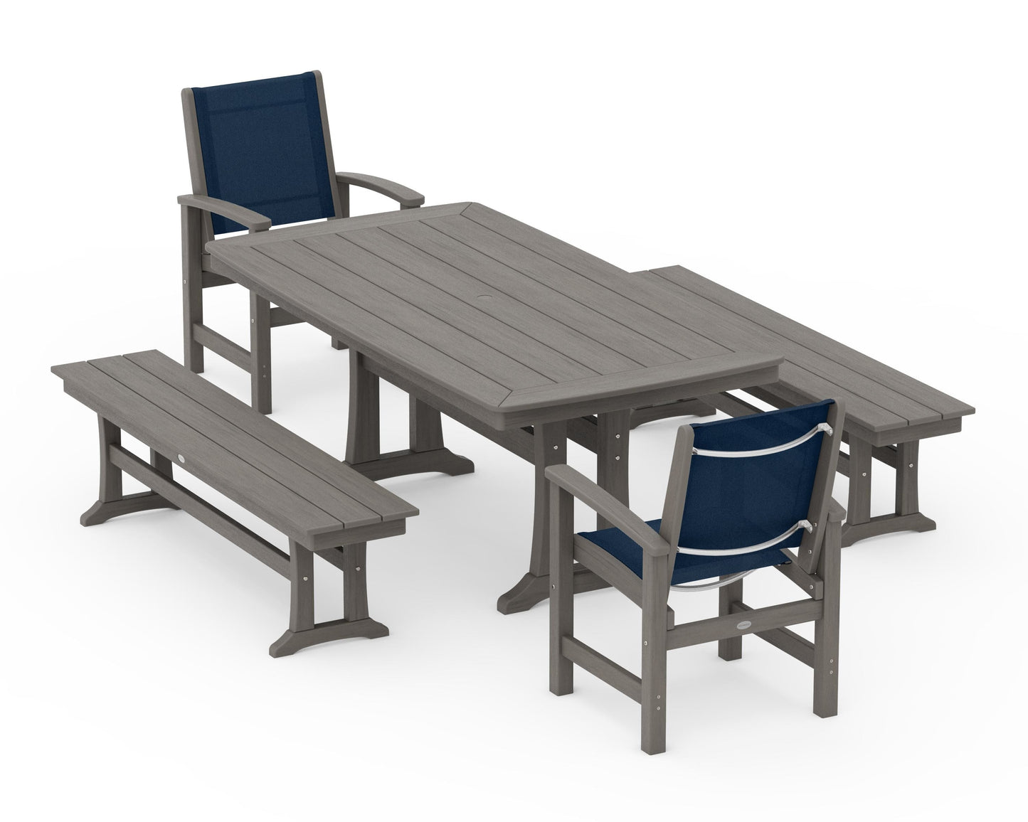 Coastal 5-Piece Dining Set with Trestle Legs and Benches