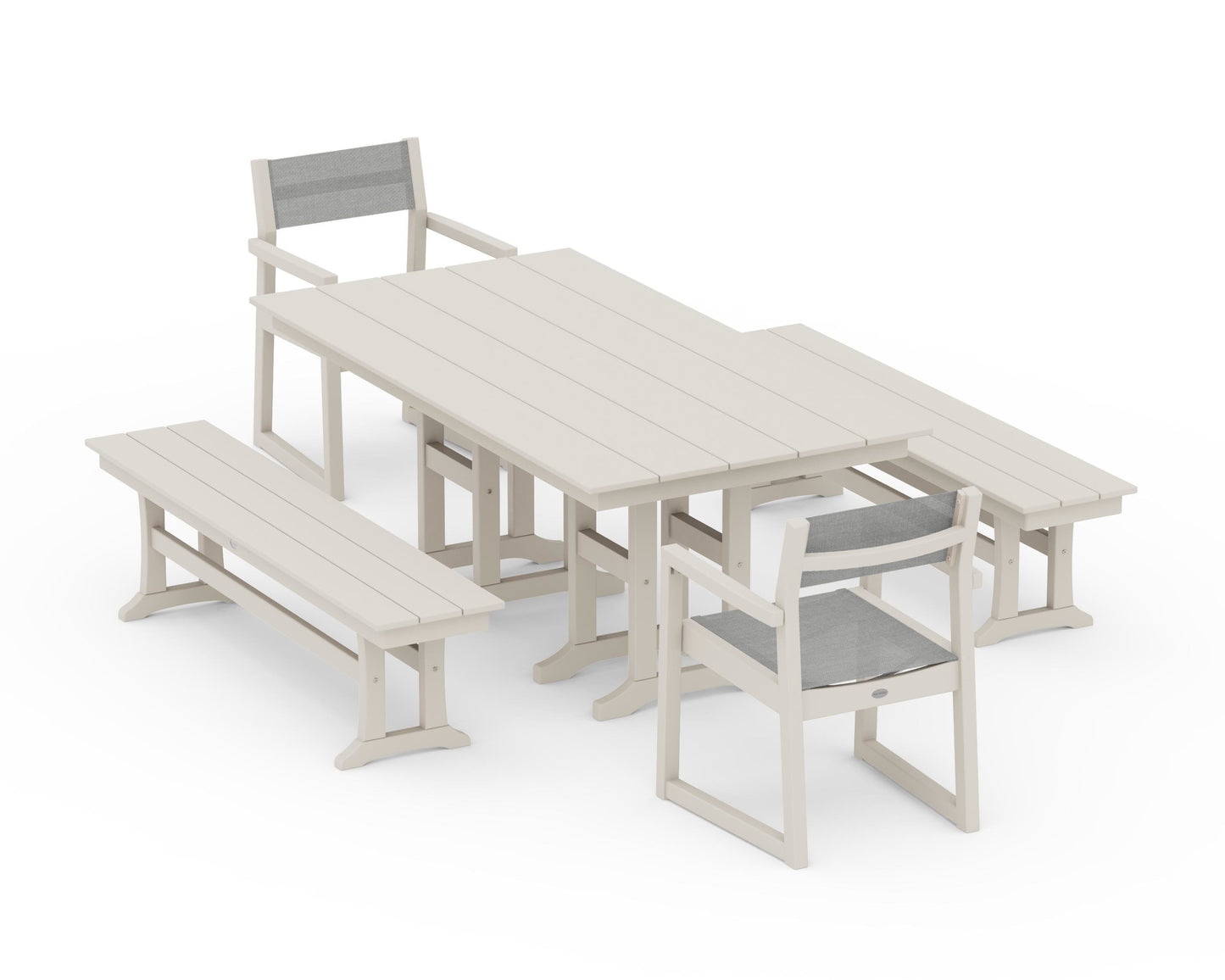 EDGE Sling Arm Chair 5-Piece Farmhouse Dining Set with Benches