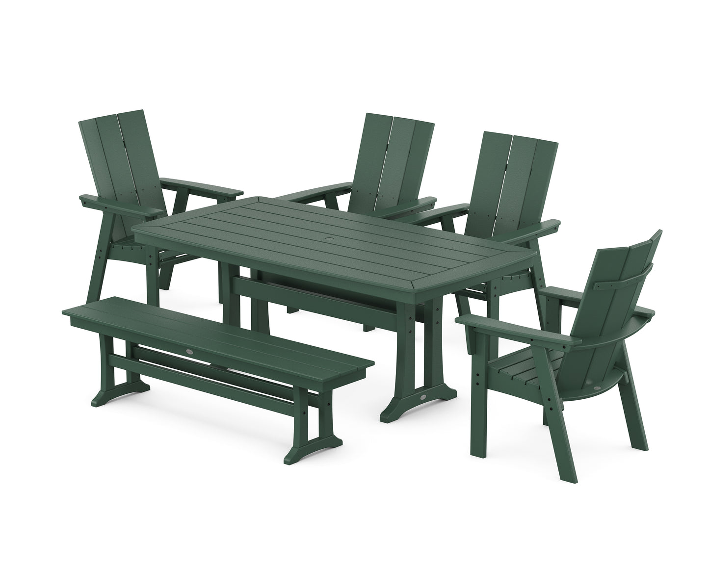 Modern Curveback Adirondack 6-Piece Farmhouse Dining Set with Trestle Legs and Bench