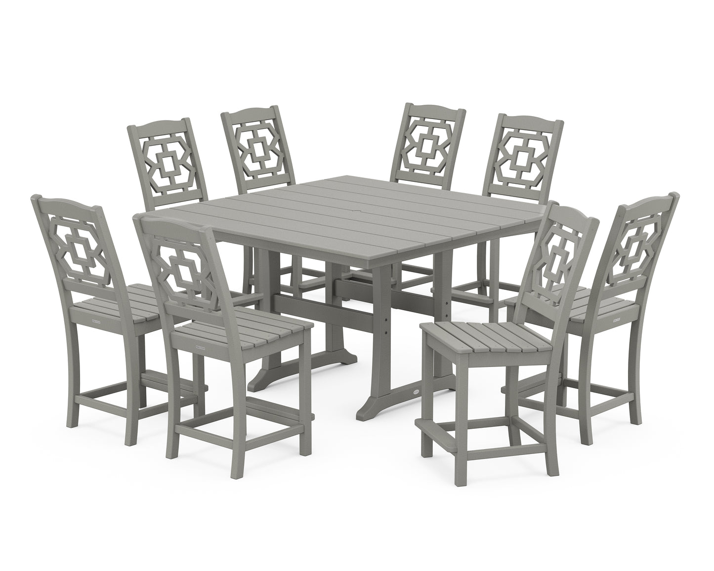 Chinoiserie 9-Piece Square Farmhouse Side Chair Counter Set with Trestle Legs