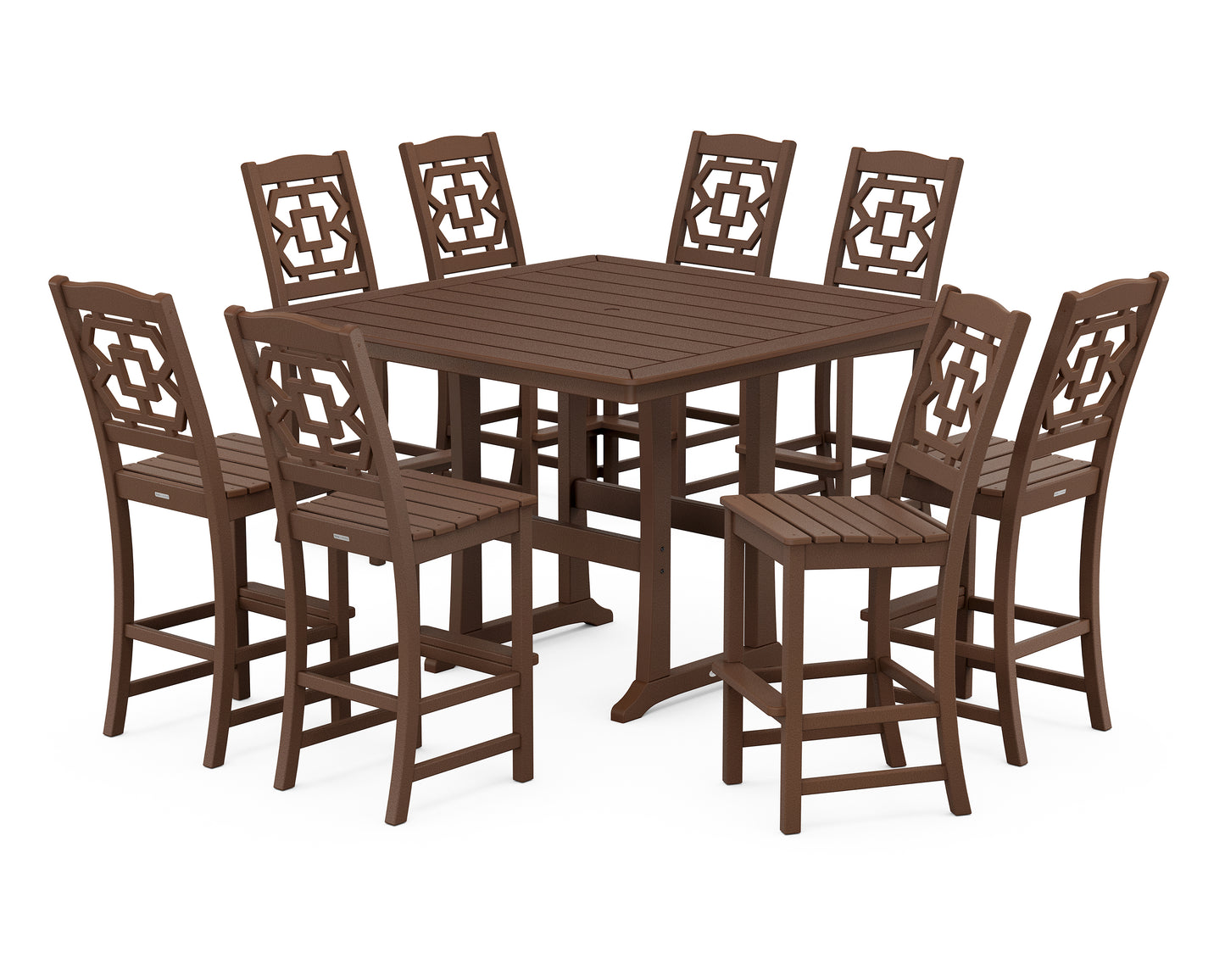 Chinoiserie 9-Piece Square Side Chair Bar Set with Trestle Legs