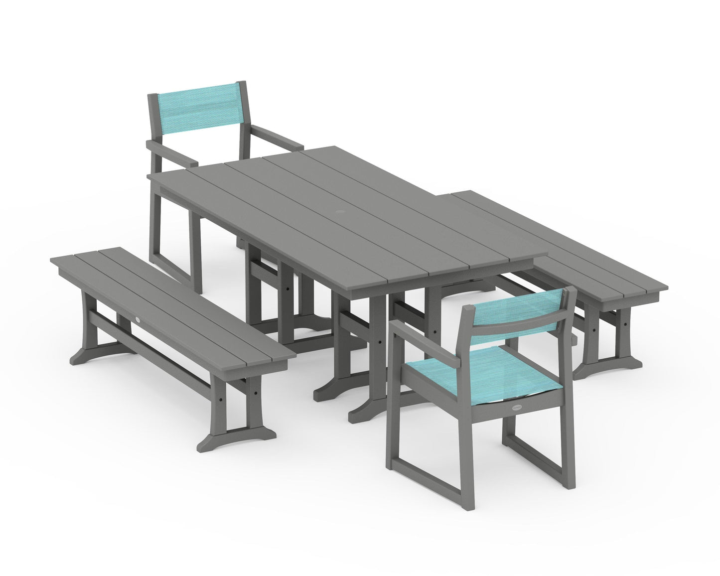 EDGE Sling Arm Chair 5-Piece Farmhouse Dining Set with Benches