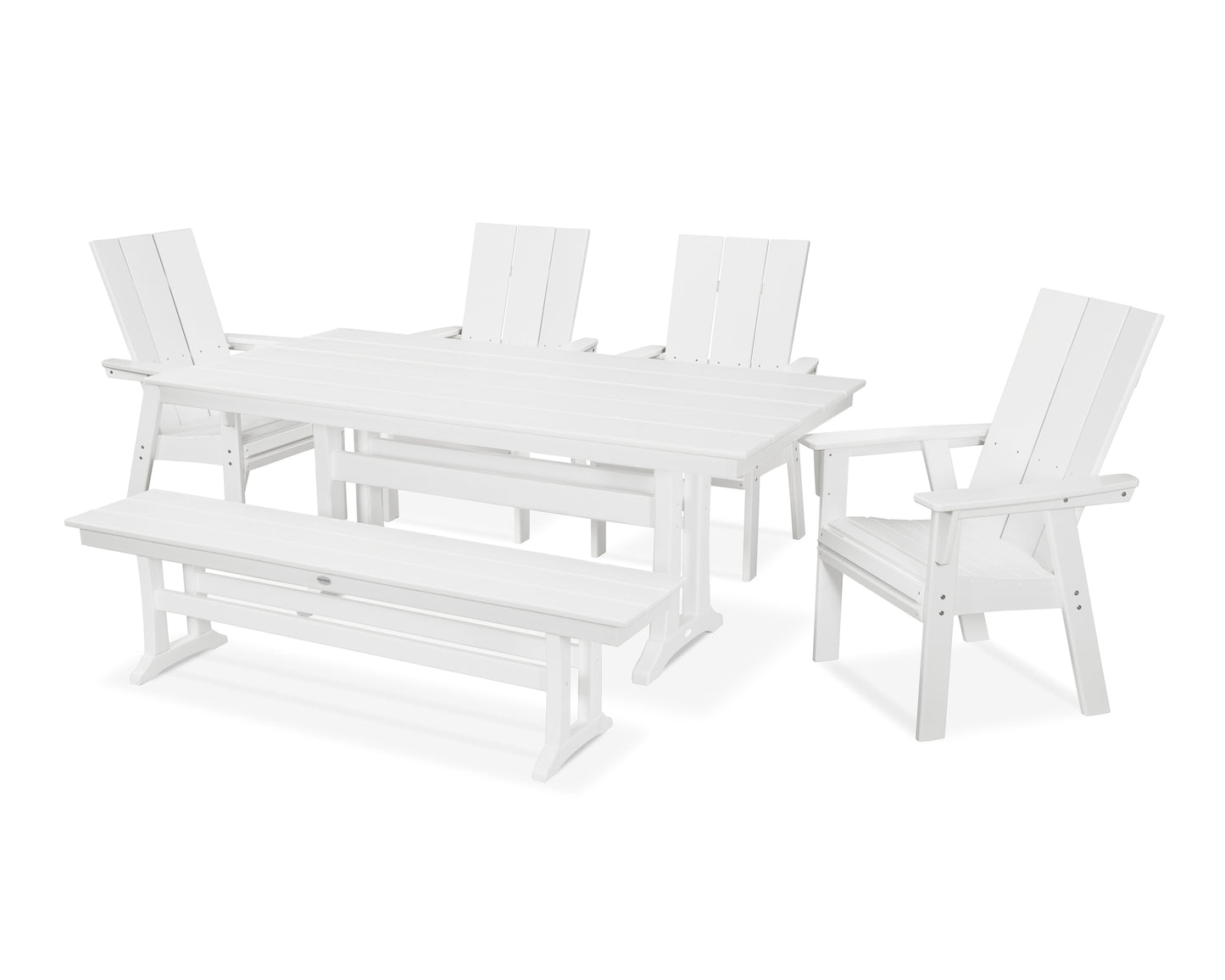 Modern Curveback Adirondack 6-Piece Farmhouse Dining Set with Trestle Legs and Bench