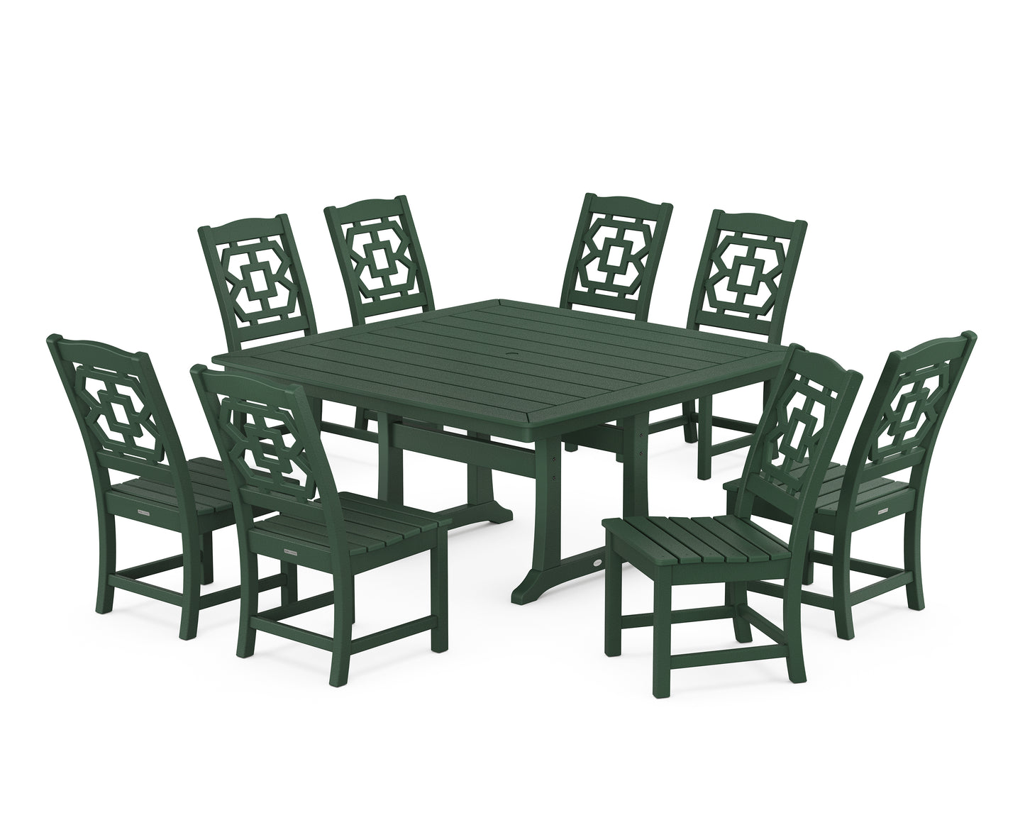 Chinoiserie 9-Piece Square Side Chair Dining Set with Trestle Legs