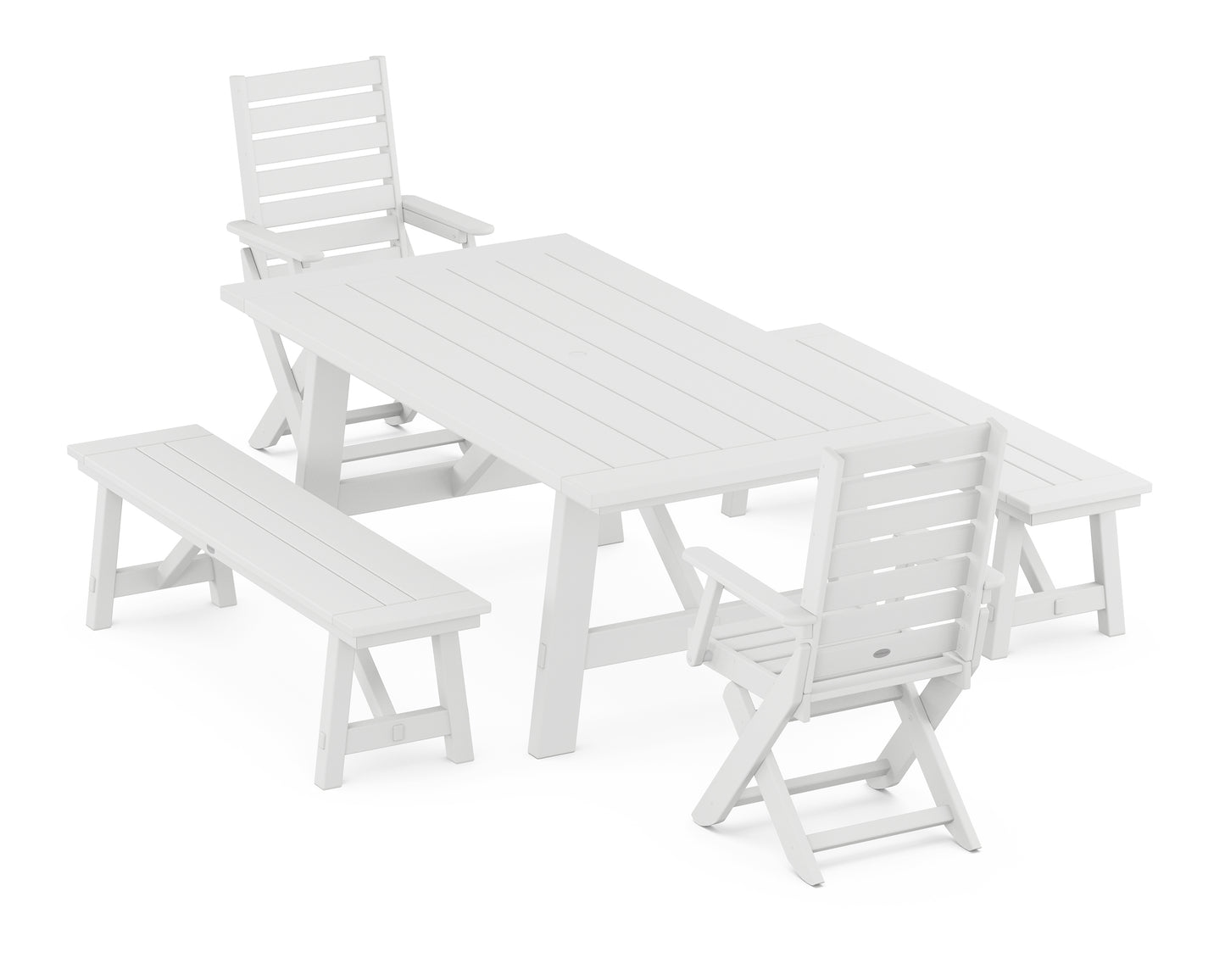 Captain Folding Chair 5-Piece Rustic Farmhouse Dining Set With Benches
