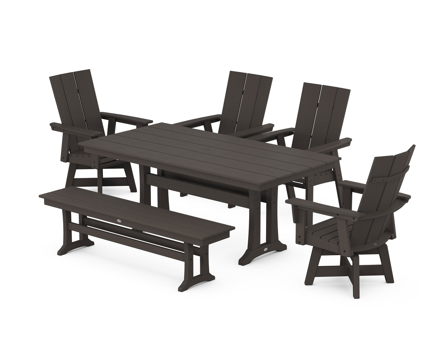 Modern Curveback Adirondack Swivel Chair 6-Piece Farmhouse Dining Set With Trestle Legs and Bench