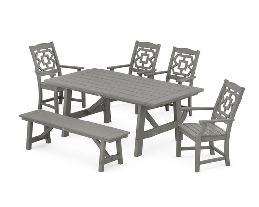 Chinoiserie 6-Piece Rustic Farmhouse Dining Set with Bench