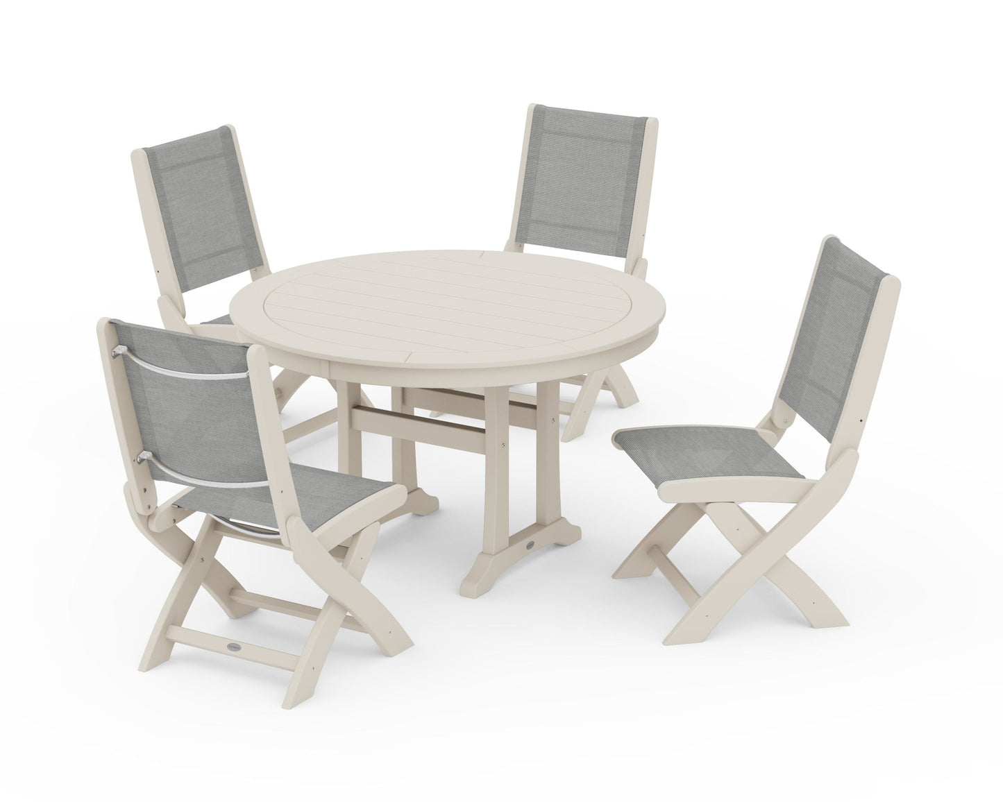 Coastal Folding Side Chair 5-Piece Round Dining Set With Trestle Legs