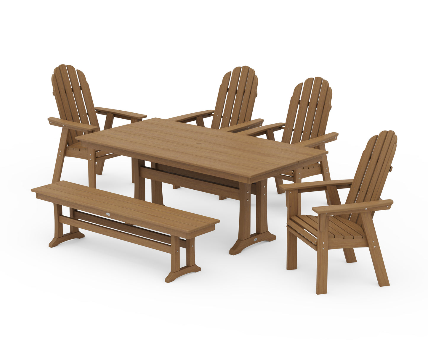 Vineyard Curveback Adirondack Chair 6-Piece Farmhouse Dining Set with Trestle Legs and Bench