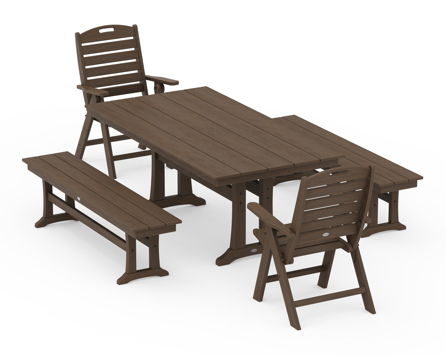 Nautical Folding Highback Chair 5-Piece Farmhouse Dining Set With Trestle Legs and Benches