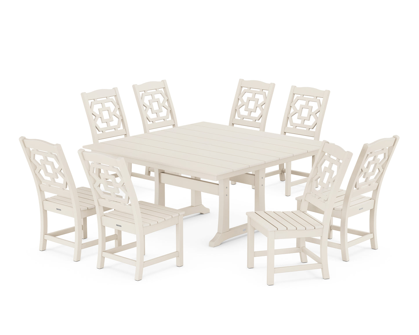 Chinoiserie 9-Piece Square Farmhouse Side Chair Dining Set with Trestle Legs