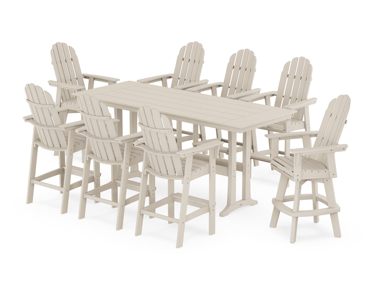 Vineyard Curveback Adirondack Swivel 9-Piece Farmhouse Bar Set with Trestle Legs
