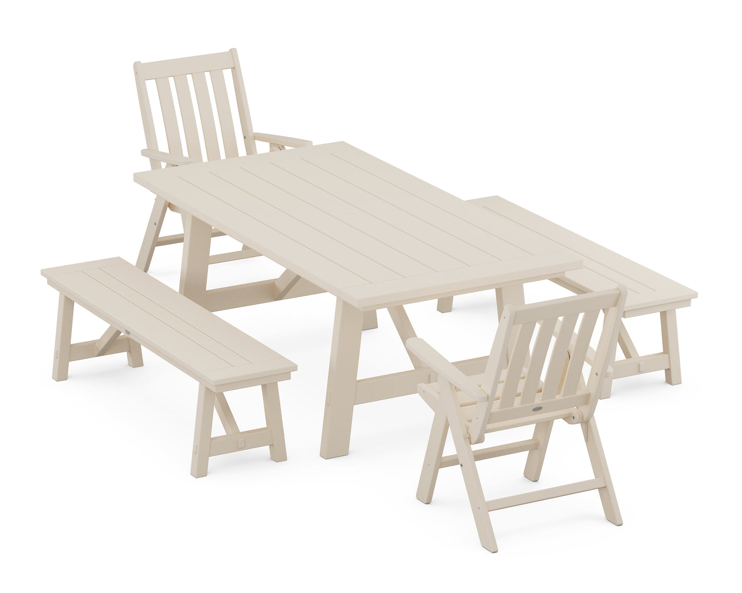 Vineyard Folding Chair 5-Piece Rustic Farmhouse Dining Set With Benches