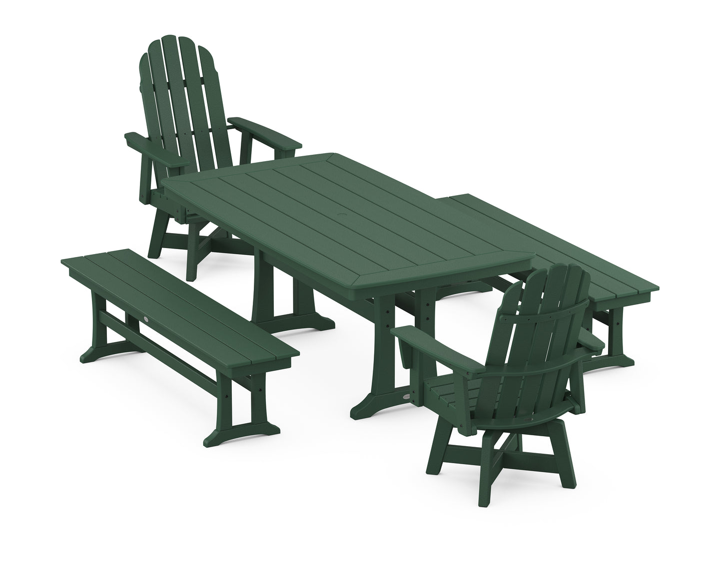 Vineyard Adirondack Swivel Chair 5-Piece Dining Set with Trestle Legs and Benches