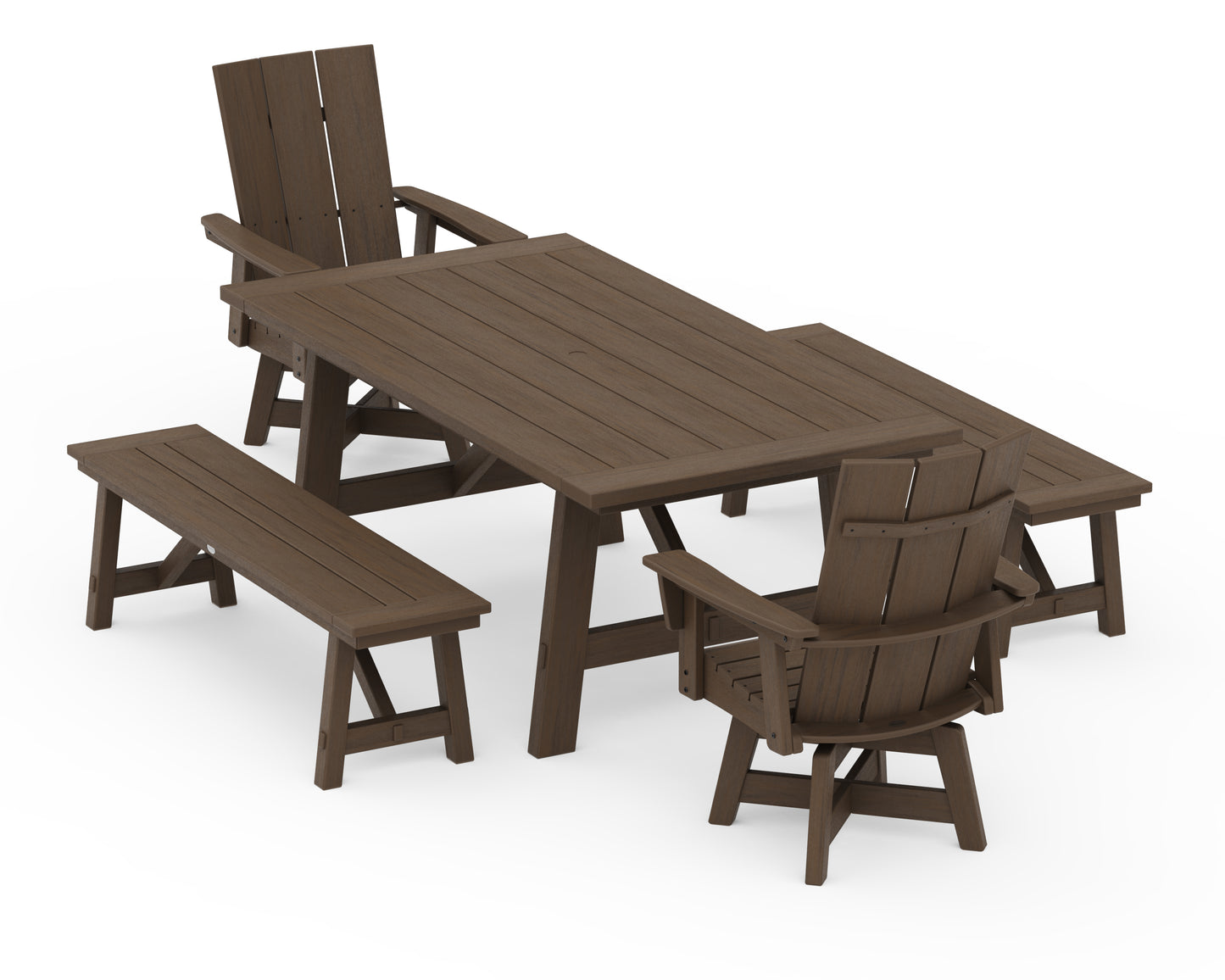 Modern Curveback Adirondack Swivel Chair 5-Piece Rustic Farmhouse Dining Set With Benches