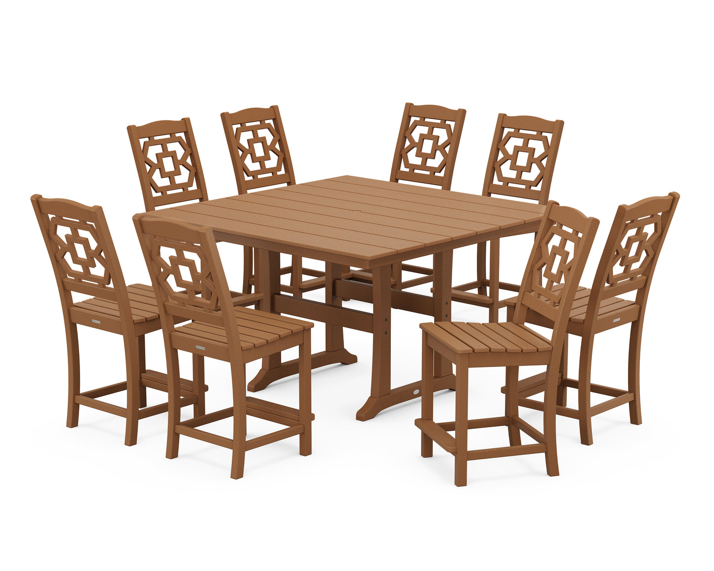 Chinoiserie 9-Piece Square Farmhouse Side Chair Counter Set with Trestle Legs