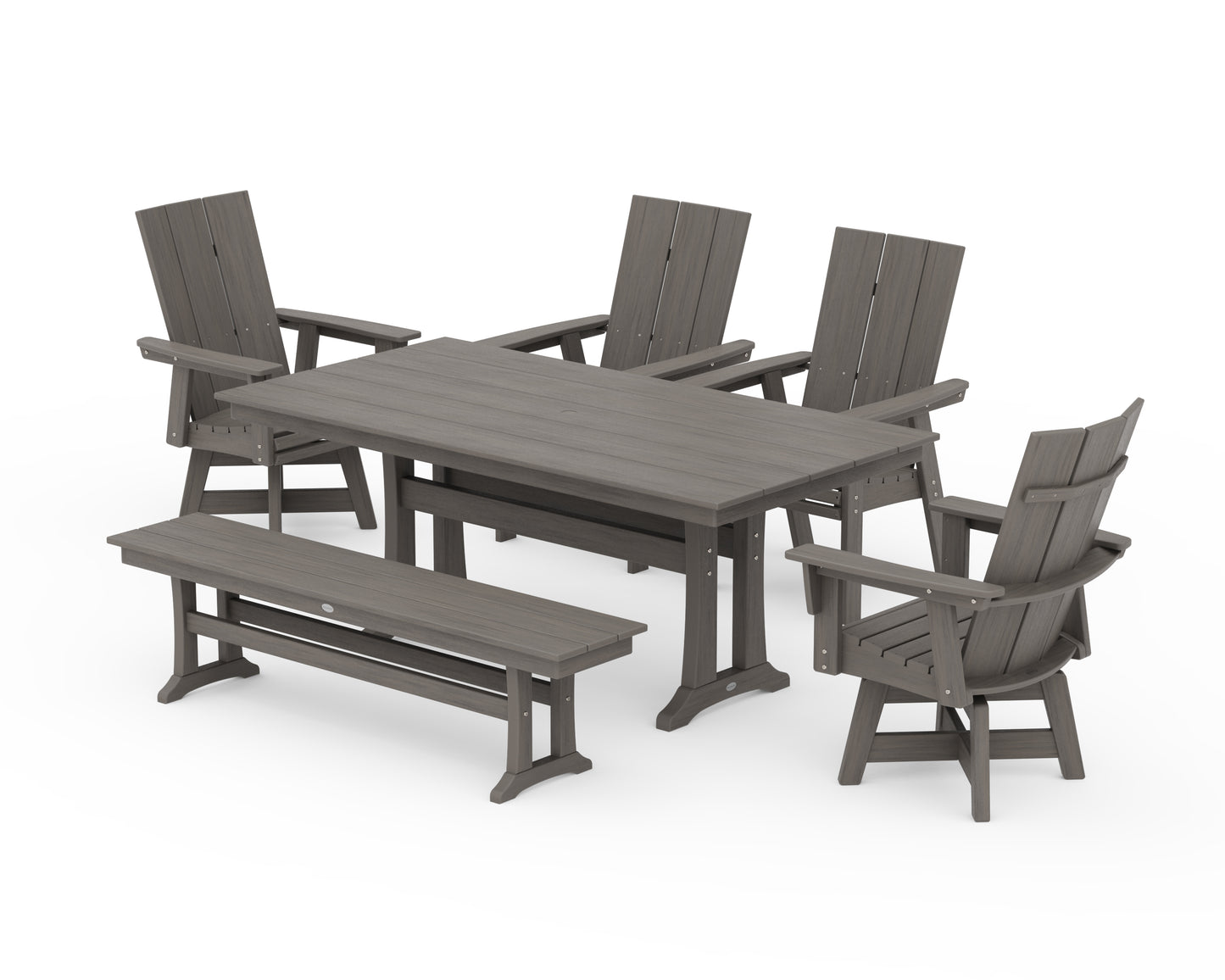Modern Curveback Adirondack Swivel Chair 6-Piece Farmhouse Dining Set With Trestle Legs and Bench